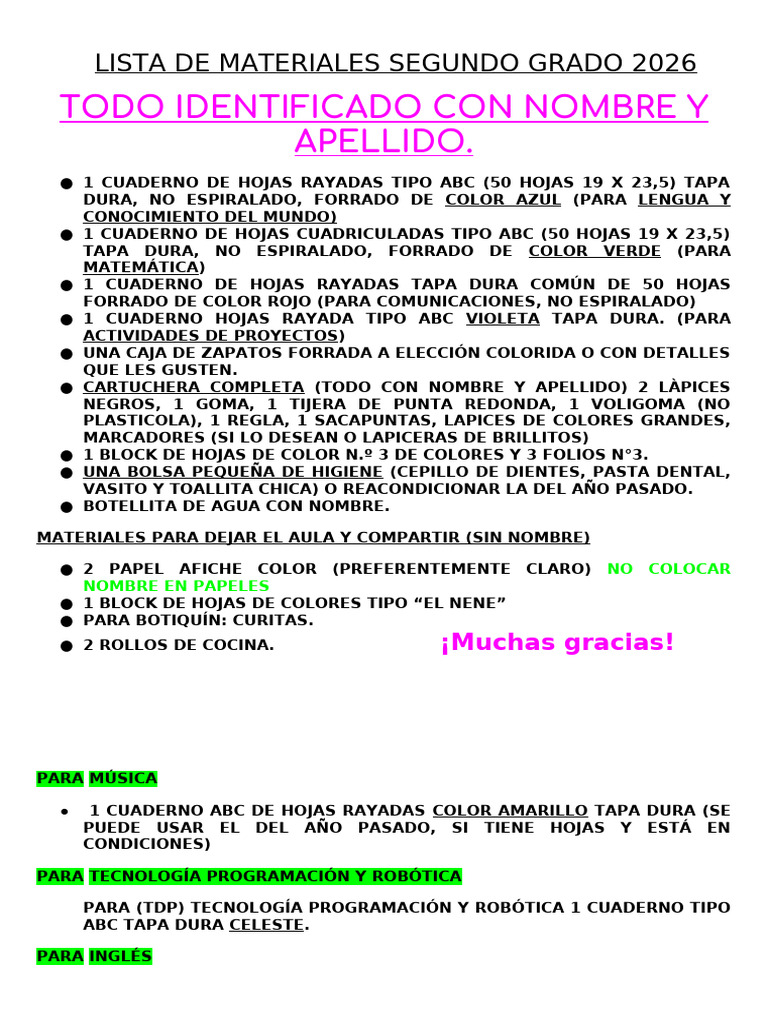 2° Grado Lista de Materiales 2026 | PDF