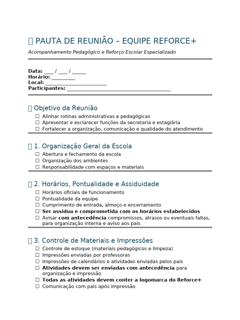 Pauta de Reunião - Equipe Reforce+ | PDF | Comunicação