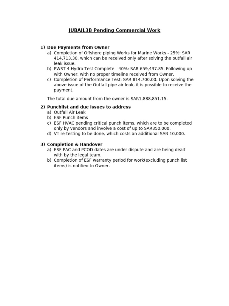 Commercial Pending Issues For JUBAIL3B | PDF