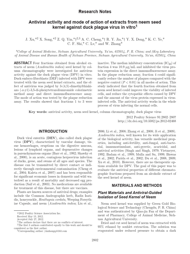 Antiviral Activity and Mode of Action of Extracts From Neem Seed | PDF ...