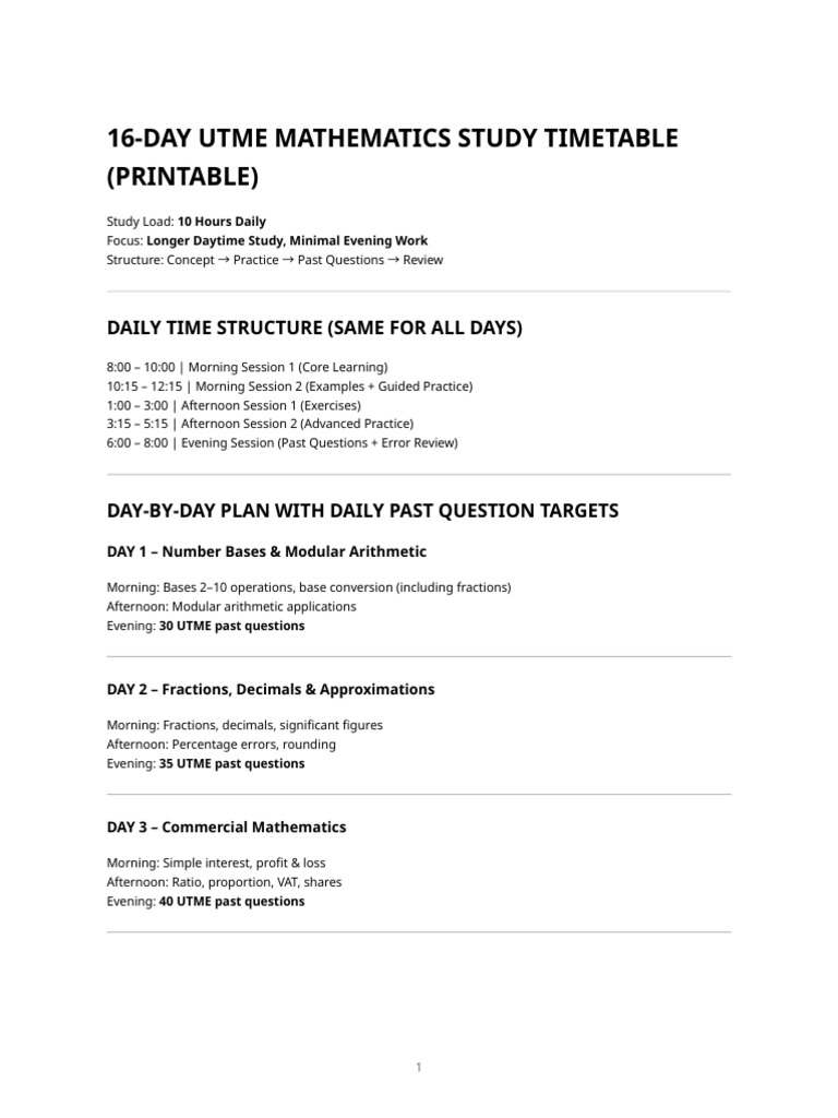 16-Day Utme Mathematics Printable Study Timetable | PDF | Geometry | Area