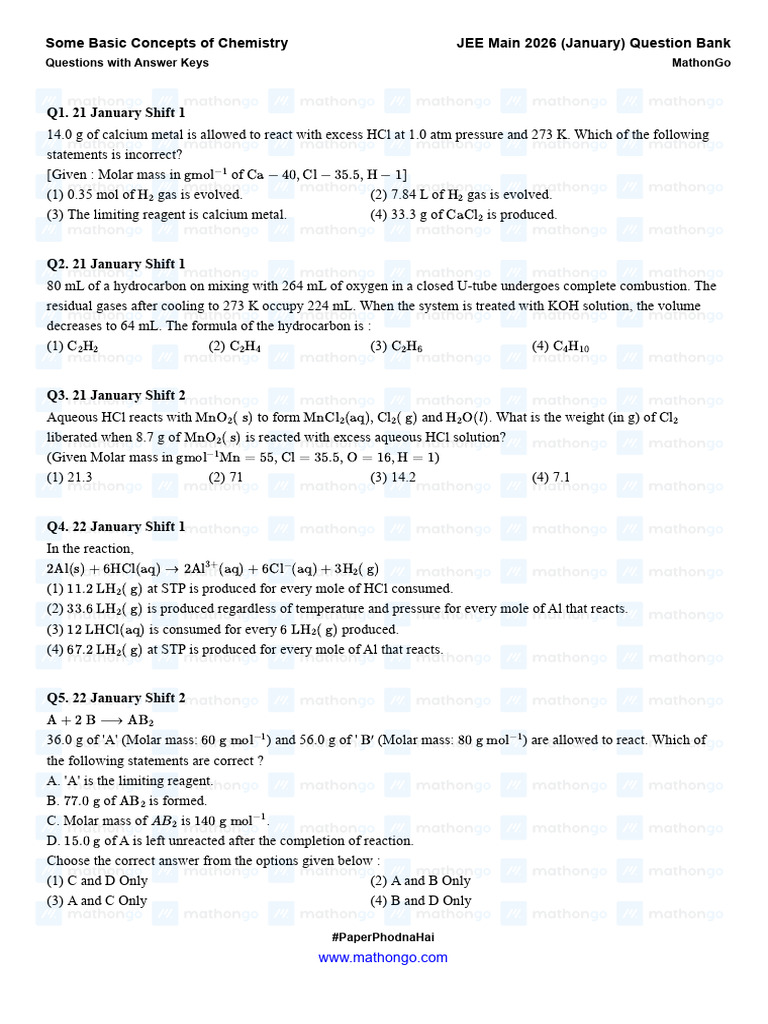 Some Basic Concepts of Chemistry - JEE Main 2026 (Jan) - MathonGo | PDF ...