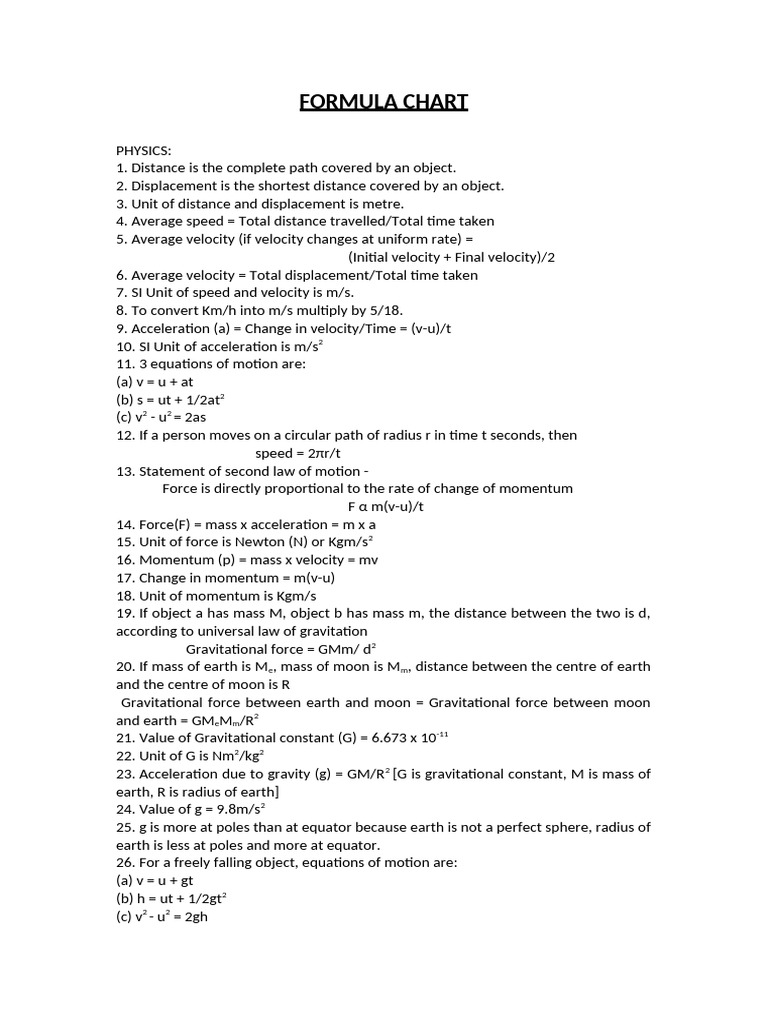 Formula Sheet Physics+ Chemistry | PDF | Force | Mass