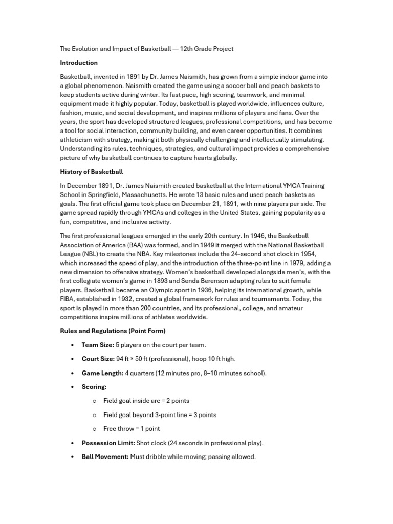 Basketball Class 12 Project Darft 2 | PDF | Sports | Team Sports