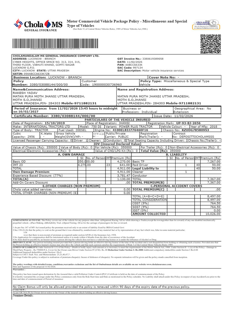 Rakesh Kumar Cfe Pushpendra Collection Tractor | PDF | Insurance ...