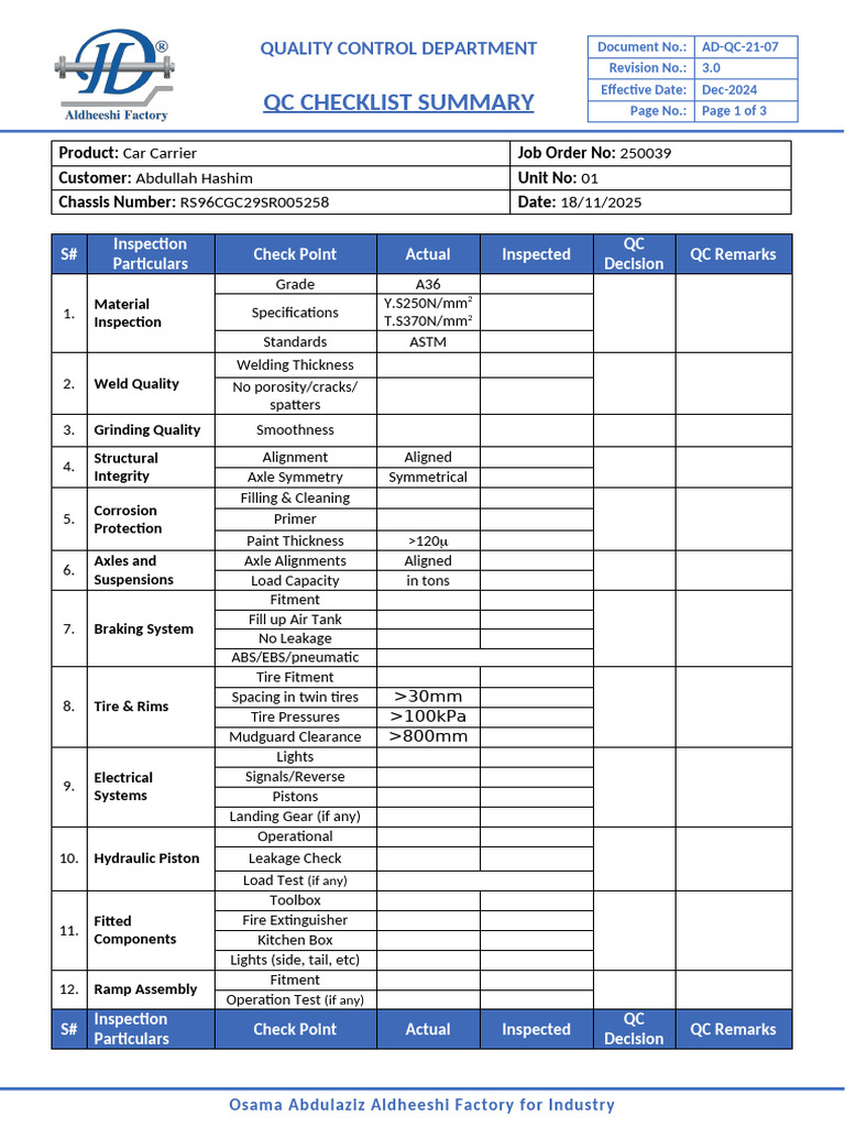 QC Check List Summary (R3) | PDF | Tire | Mechanical Engineering