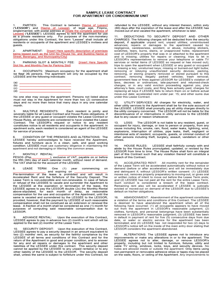 Lease Contract for Apartment or Condominum Unit Sample | PDF | Lease ...