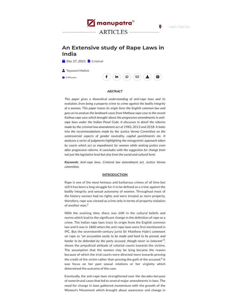 An Extensive Study of Rape Laws in India 2 | PDF | Rape | Crimes
