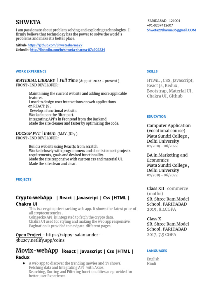 Shweta's Resume | PDF | Java Script | Web Application