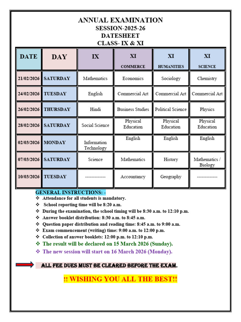 Annual Examination Date Sheet Class Xi 2026-1 | PDF