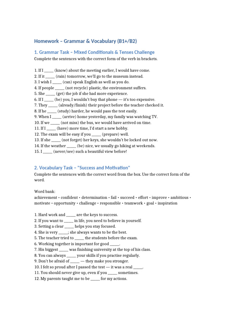 Homework Grammar Vocabulary | PDF