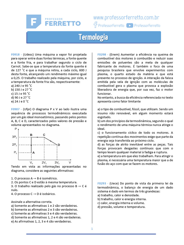 Termodinâmica - Questões | PDF | Termodinâmica | Temperatura