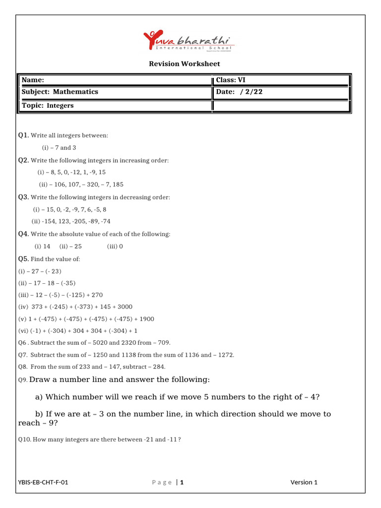 GIDB5646277-Interger Revision Worksheet (1) (1) | PDF