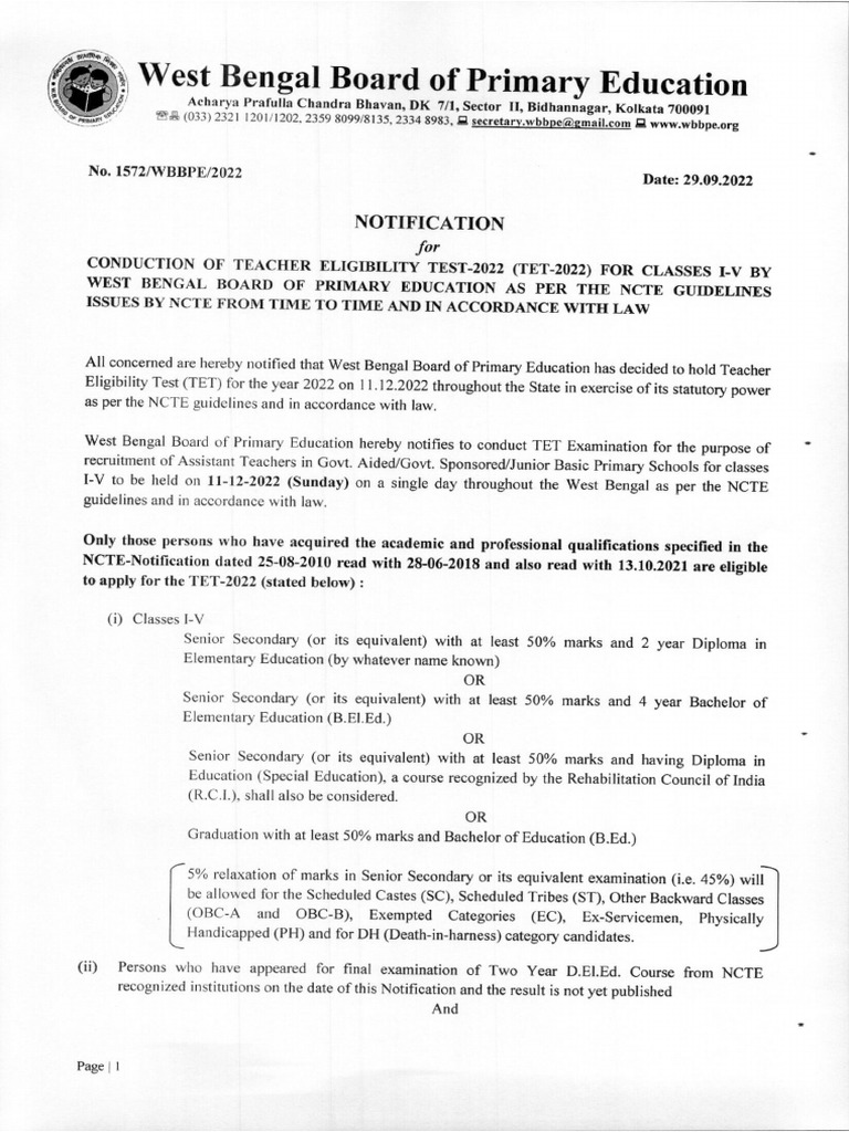 Notification For Conducting TET 2022-REVISED 0001 29092022 | PDF