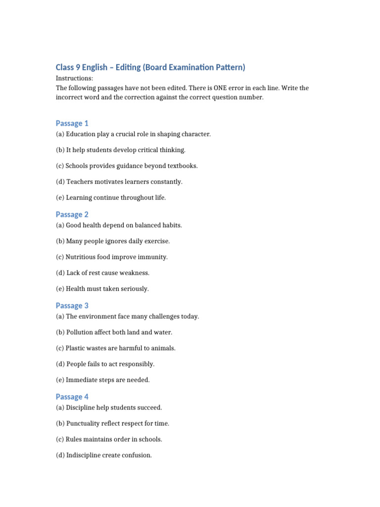 Class 9 Editing Questions CBSE | PDF | Learning | Psychology