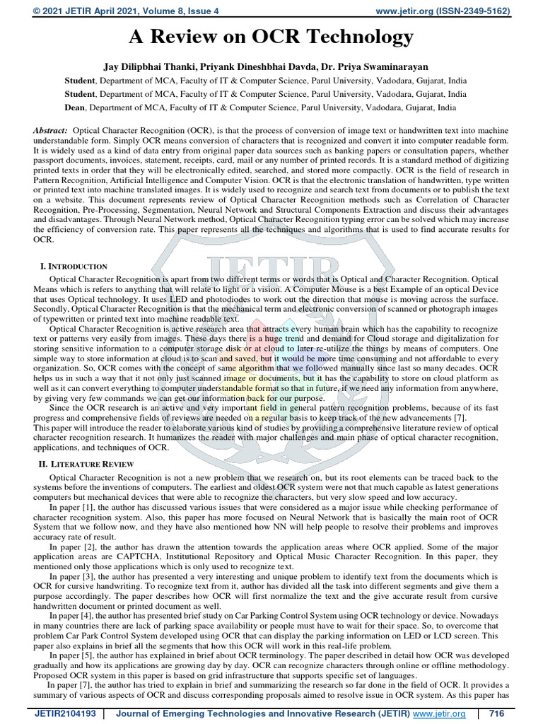 A Review On OCR Technology | PDF | Optical Character Recognition ...
