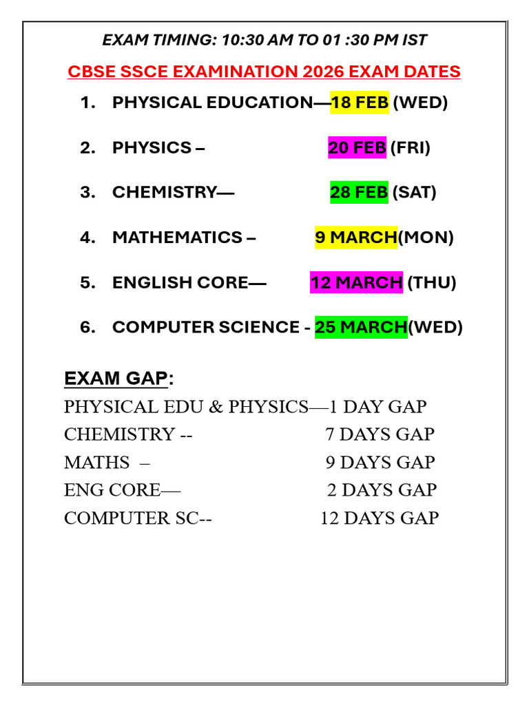 Cbse Ssce Examination 2026 Exam Dates Pcmcsphye | PDF