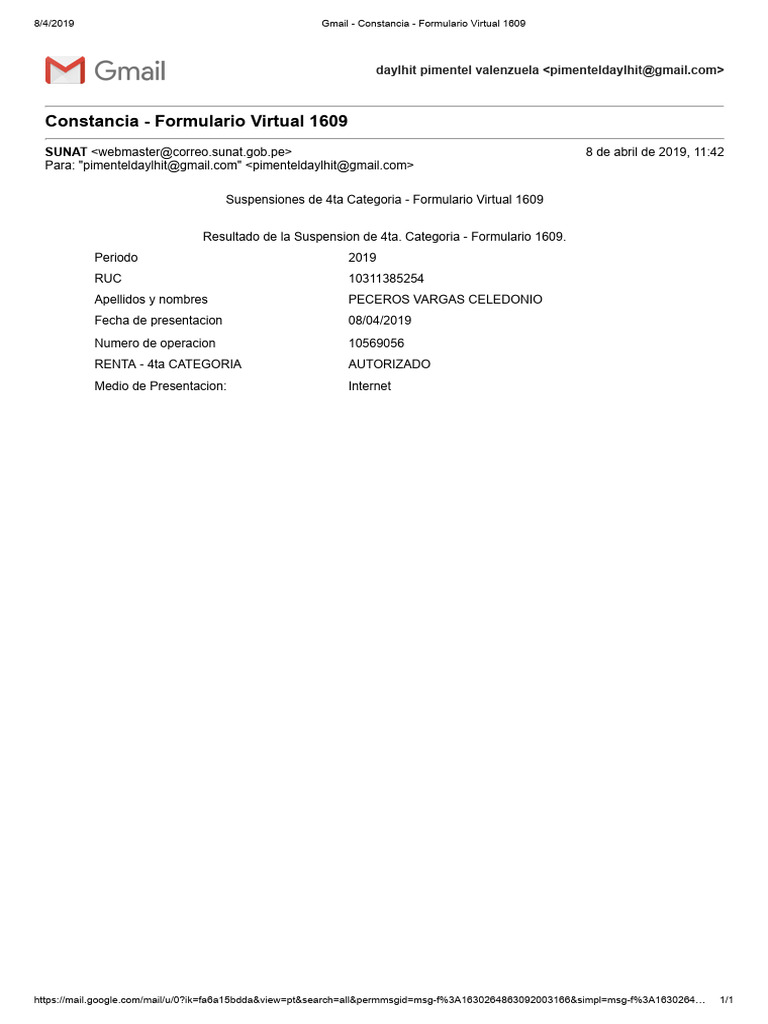 Gmail - Constancia - Formulario Virtual 1609 | PDF