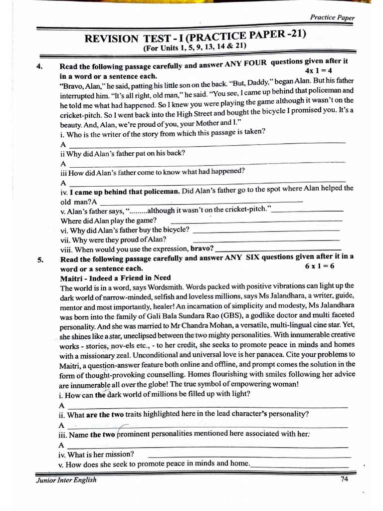 1st Year Revision Test Papers (1-4) | PDF