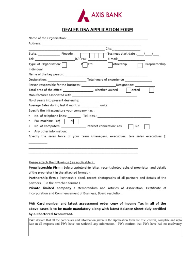 01 Dealer DSA Application Form | PDF | Sole Proprietorship | Business