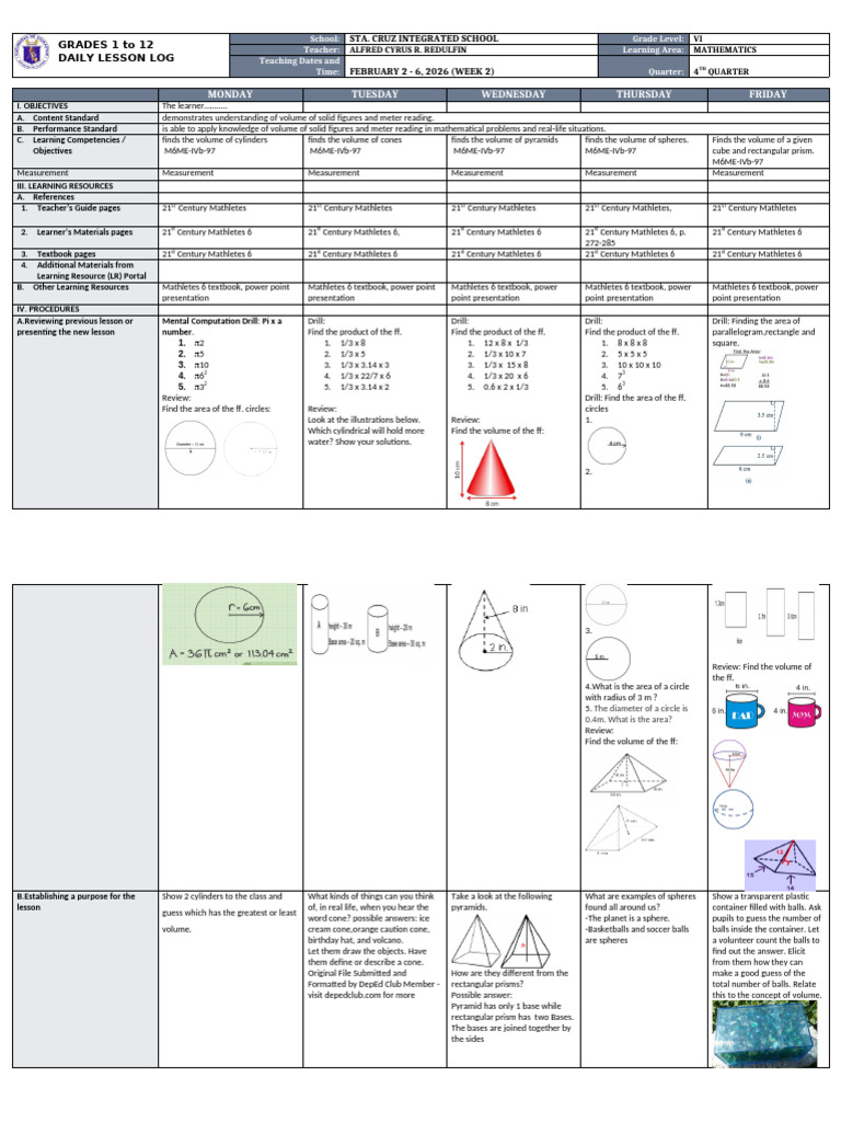 DTC DLL Mathematics 6 q4 w2 | PDF | Volume | Area
