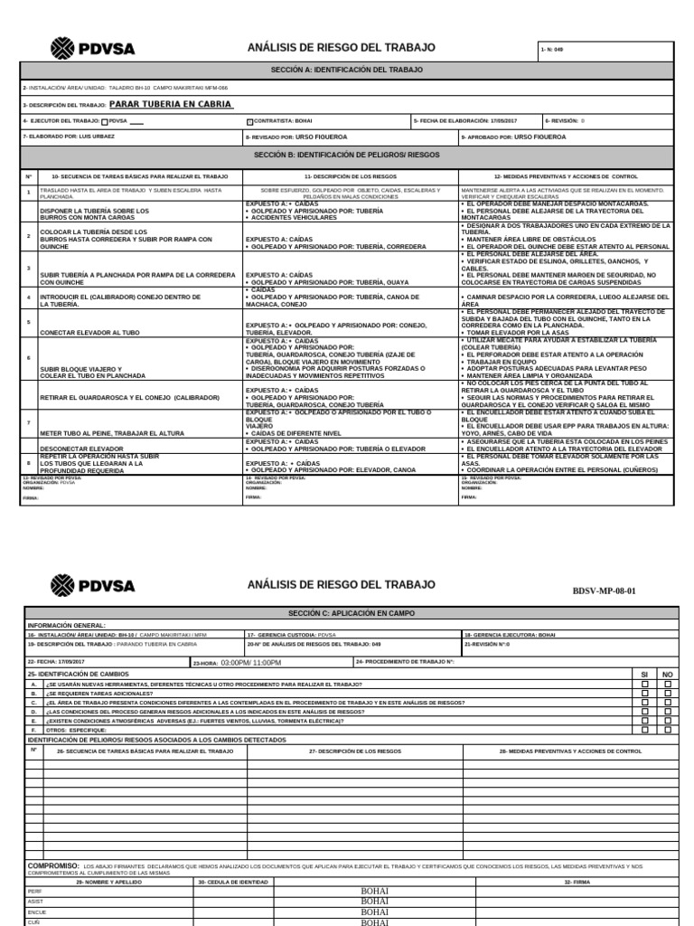 Formato - ART - N - 044 - LAVANTE TUBERIA EN LA CABRIA | PDF
