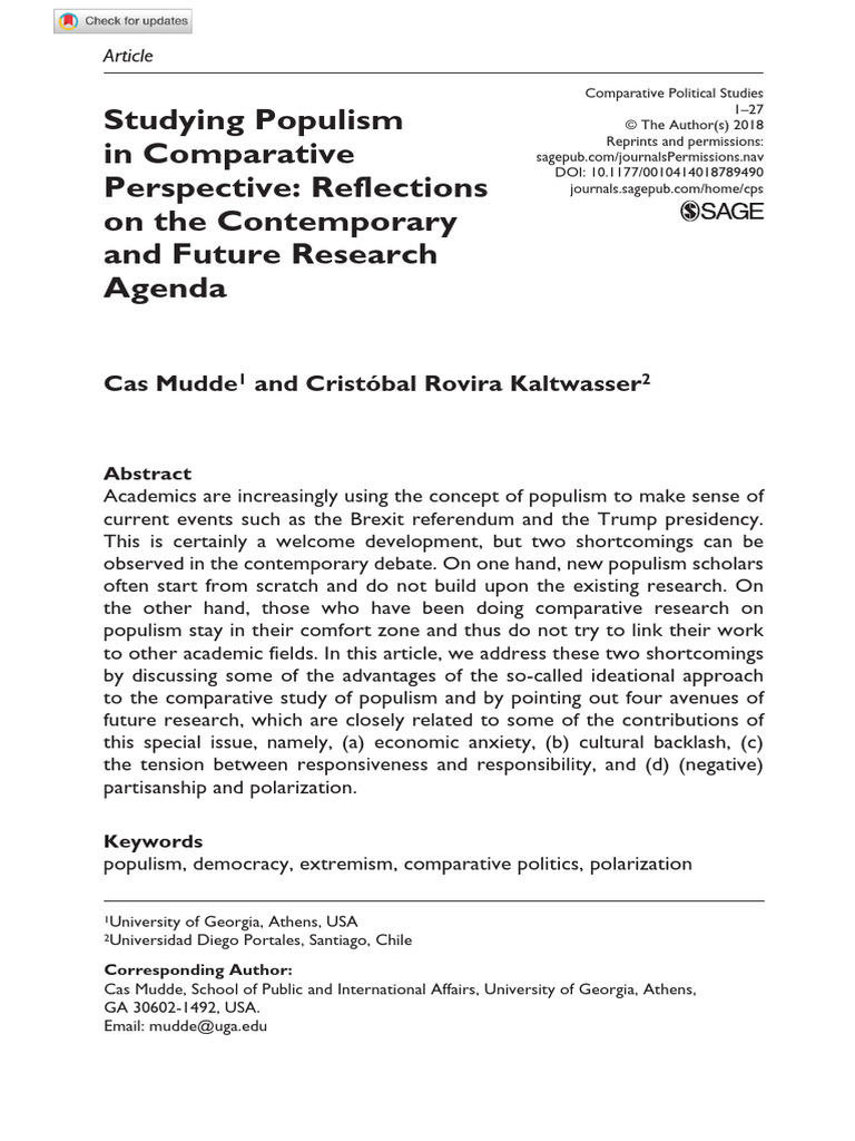 Mudde and Kaltwasser, Studying Populism in Comparative Perspective ...