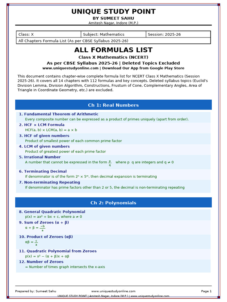 Class10 Maths Formula List | PDF | Quadratic Equation | Numbers
