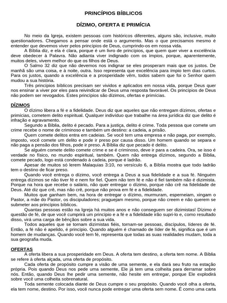 PRINCÍPIOS BÍBLICOS - Dizimo - Oferte e Primicia | PDF | Dízimo | Fé