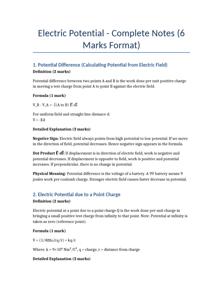 Electric Potential Notes Compact | PDF | Dipole | Electric Field