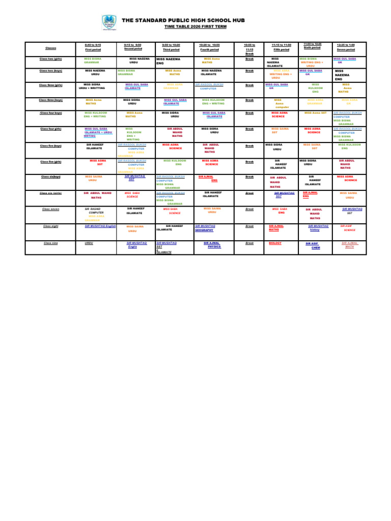 Final Time Table 2026 First Term | PDF | Urdu