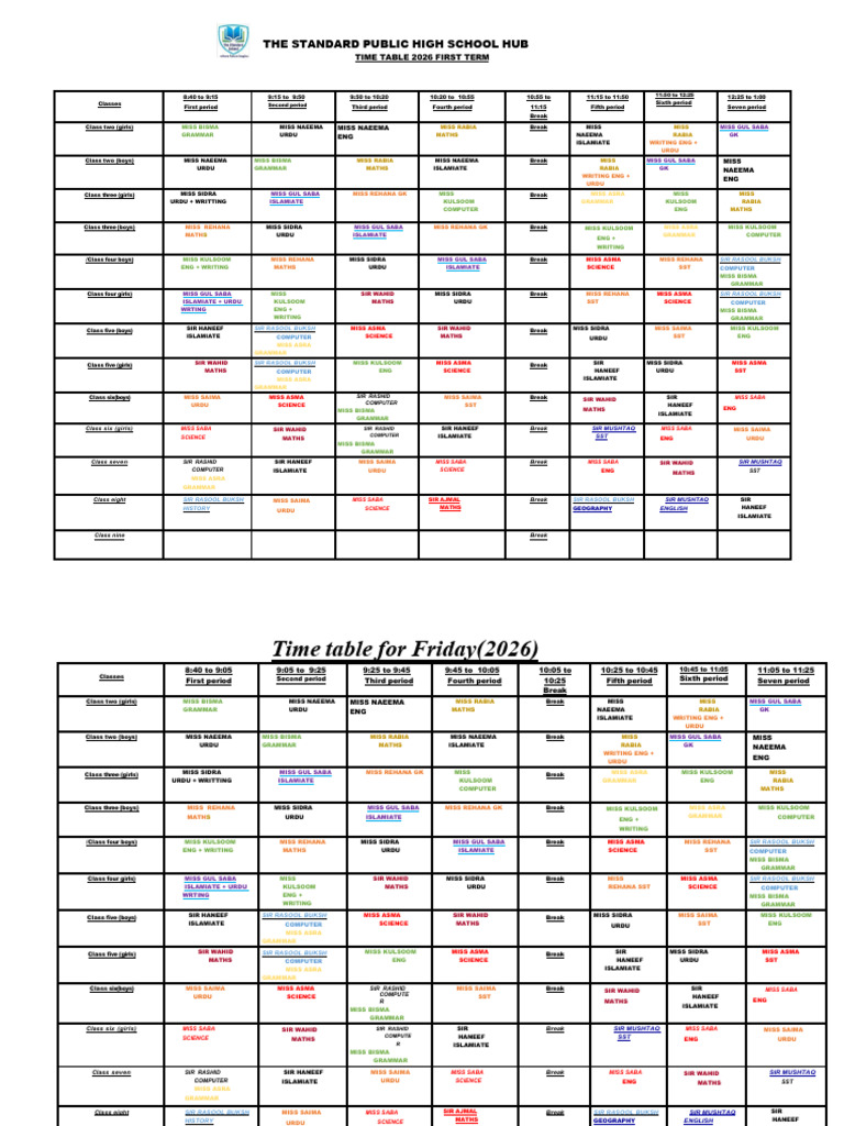 Time Table 2026 First Term | PDF | Urdu