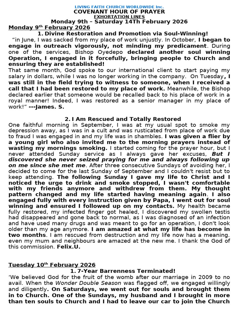 Chop Documented Testimonies February 9TH To 14TH 2026 | PDF | Prayer