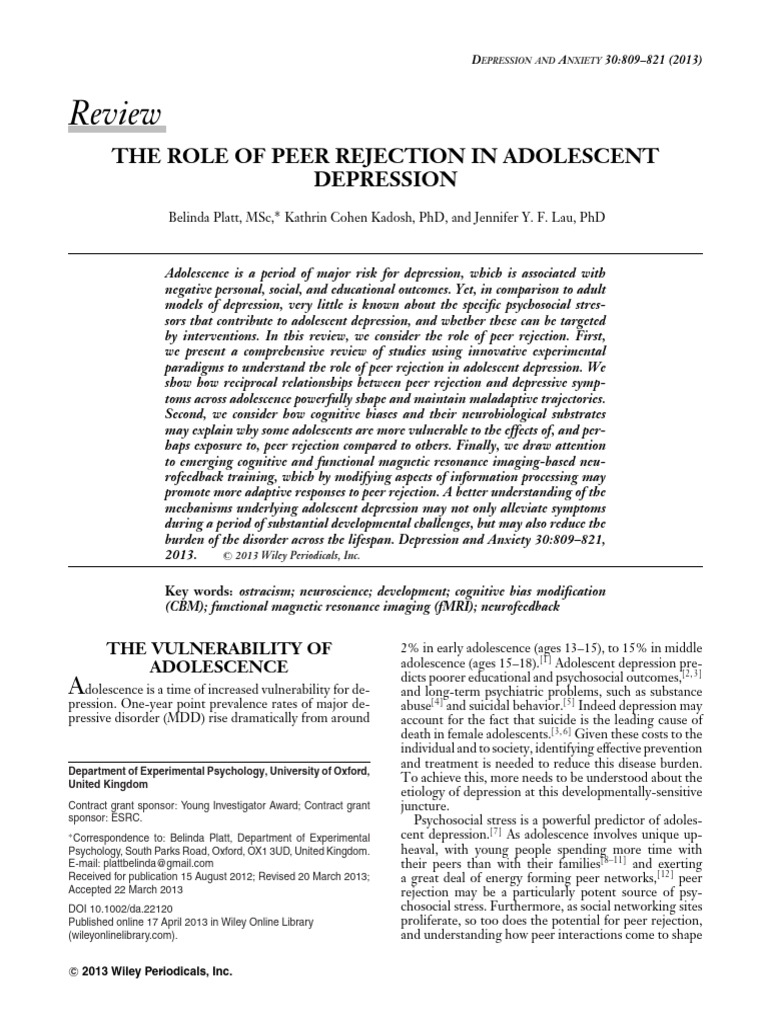 Depression and Anxiety - 2013 - Platt - The Role of Peer Rejection in ...