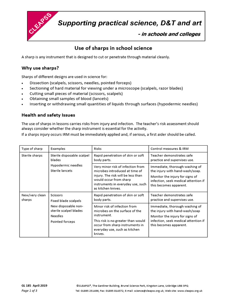 GL185 Use of Sharps in School Science | PDF