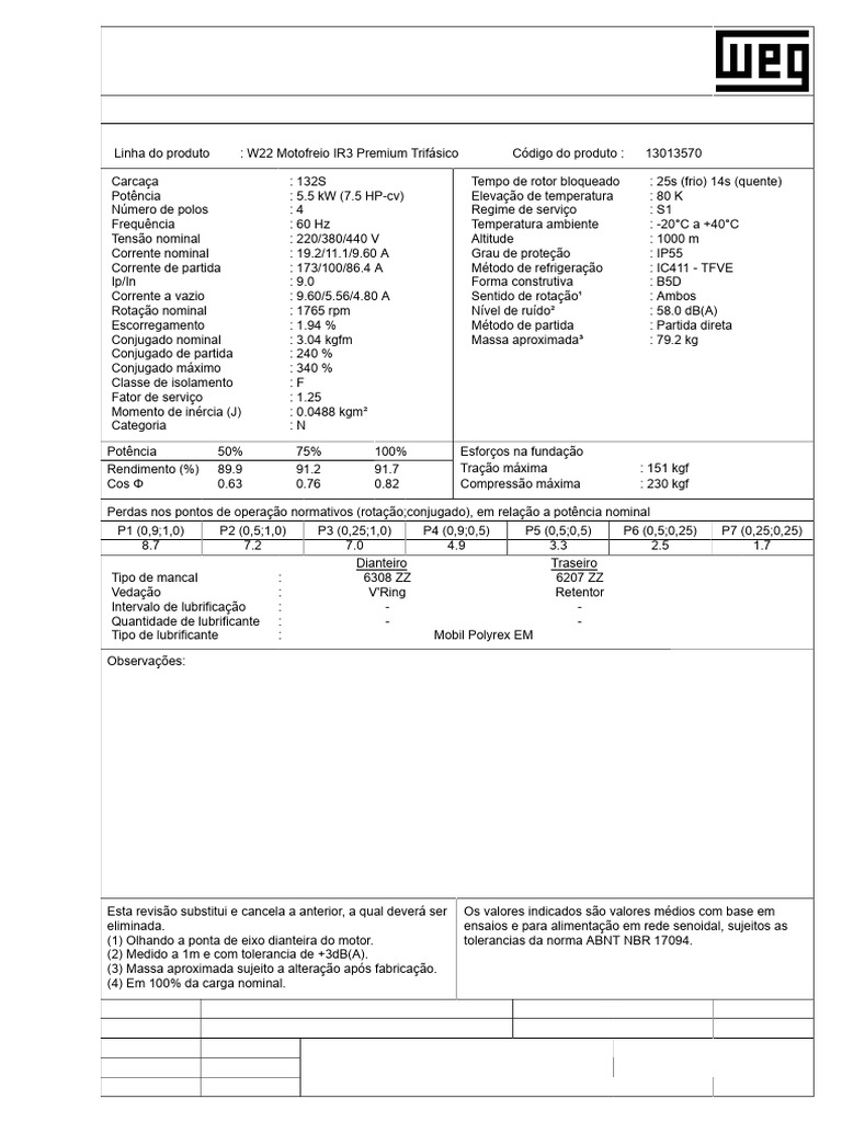 PR-7 Ton Motor Freio 7,5CV - 4 Polos - 220,380,440V | PDF | Mecânica ...