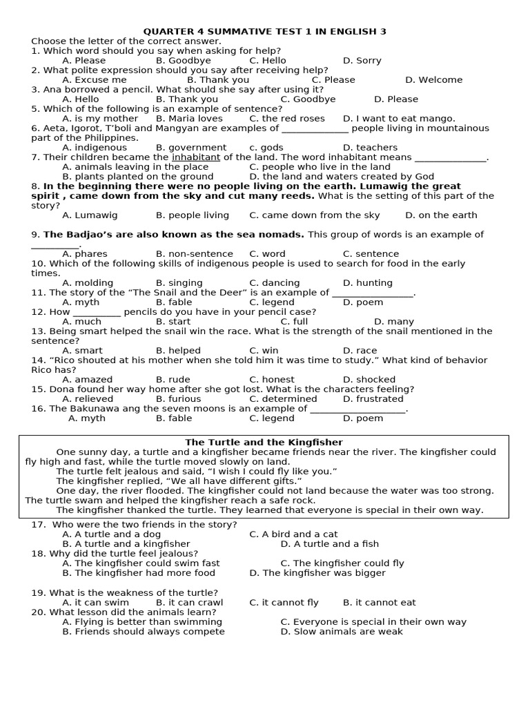 Quarter 4 - Summative Test 1 - English 3 | PDF