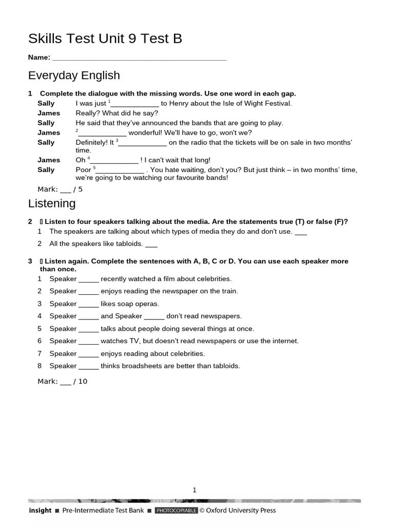 Skills Test Unit 9 B | PDF | Newspapers