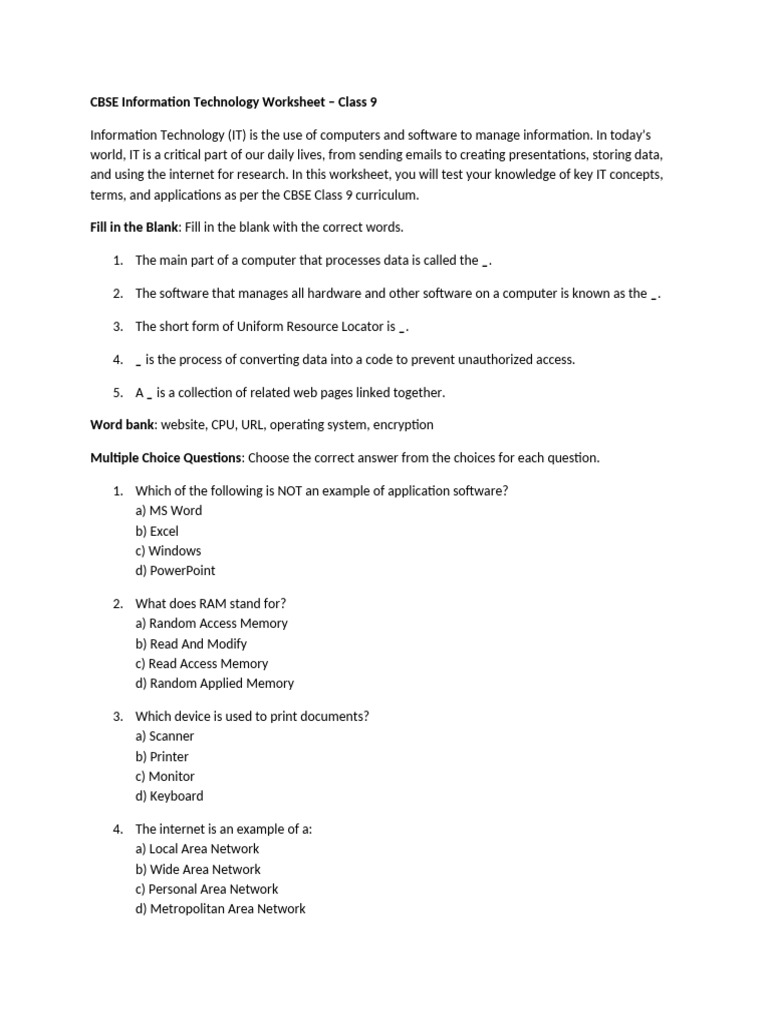 CBSE Information Technology Worksheet | PDF | Operating System | Software
