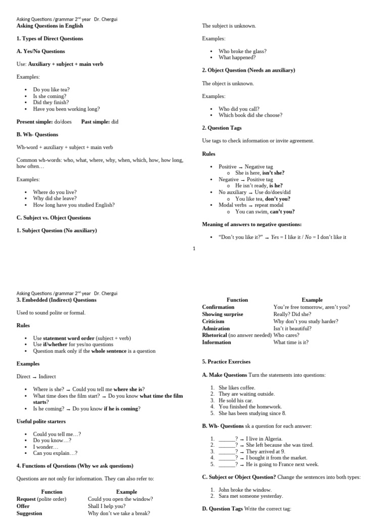 Asking Questions in English Students | PDF | Question | Subject (Grammar)