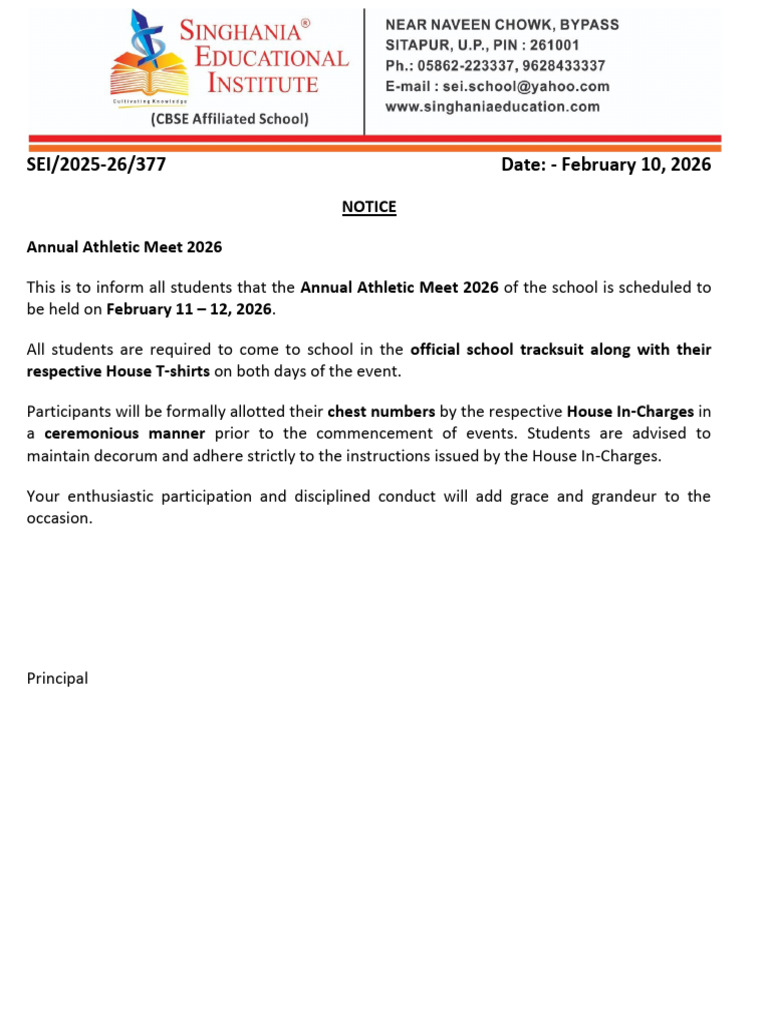 NOTICE - Annual Athletic Meet 2026 | PDF