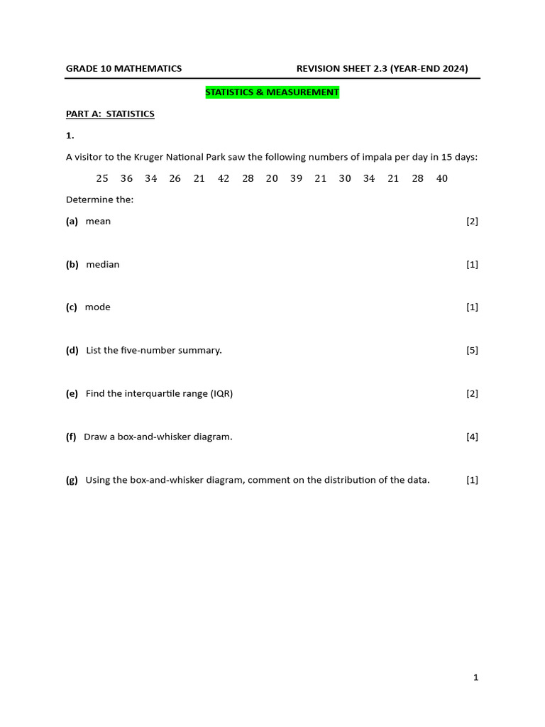 REVISION SHEET 2.3 (Statistics and Measurement) | PDF | Descriptive ...