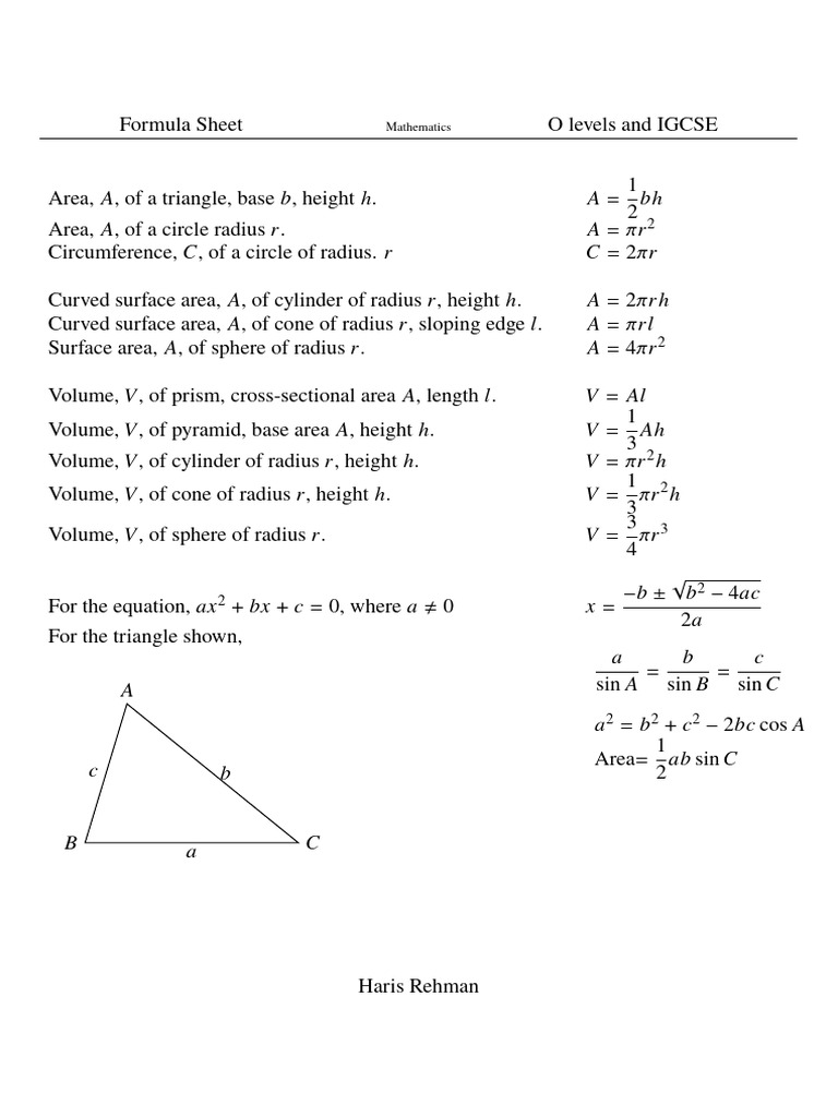 (I) GCSE Formula Sheet Mathematics - Haris | PDF | Area | Angle