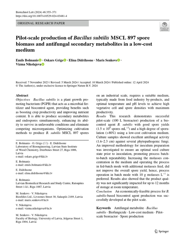 Pilot Scale Production of Bacillus Subtilis MSCL 897 Spore | PDF ...