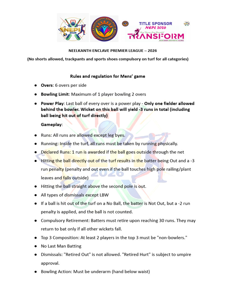 NEPL 2026 Rules and Regulations | PDF | Bowling (Cricket) | Cricket