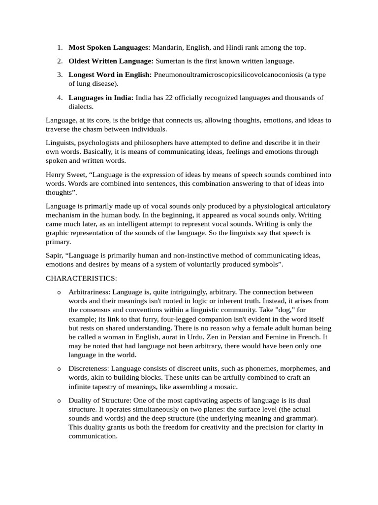 1 - Language-Definition, Importance and Characteristics | PDF ...