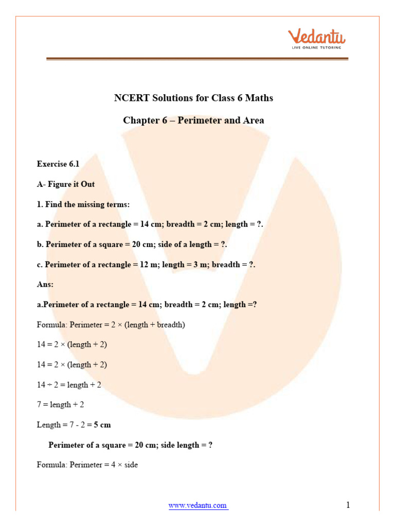 NCERT Solutions For Class 6 Maths Perimeter and Area Exercise 6.1 | PDF ...
