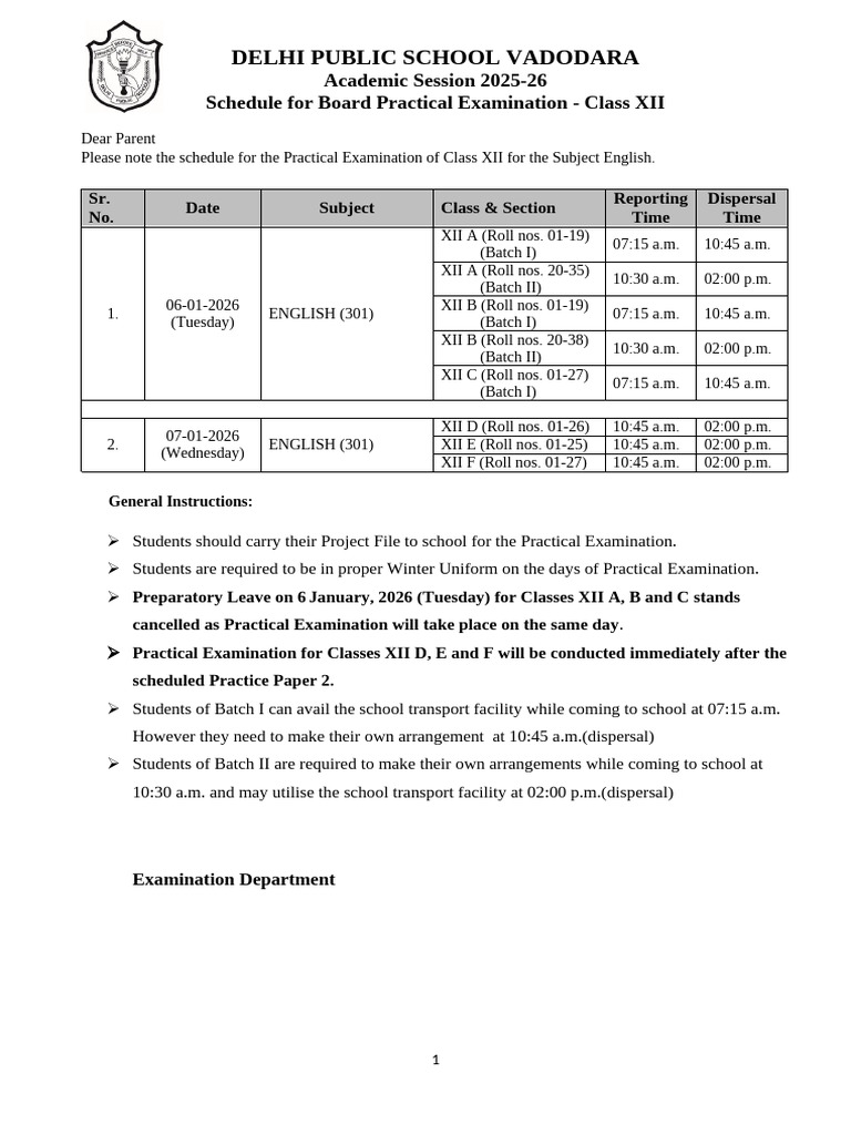 Schedule For Board Practical Examination - English - Class XII - 2025 ...