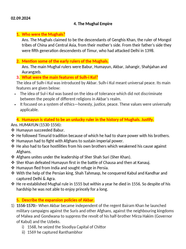The Mughal Empire Notes | PDF | Mughal Empire
