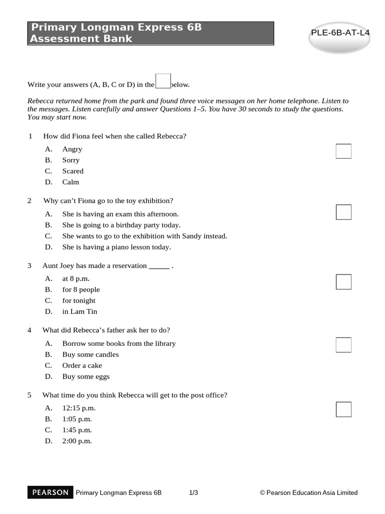 Primary Longman Express 6B Assessment Bank: PLE-6B-AT-L4 | PDF